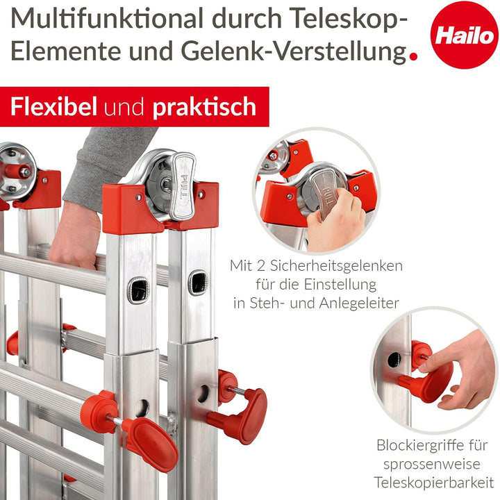 Hailo M80 Alu-Multifunktionsleiter - Mehrzweckleiter mit 4 x 6 Sprossen - variierbar durch 2 Sicherh