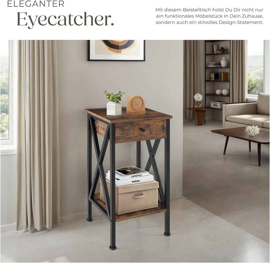 tectake Beistelltisch mit Schublade und Ablageflächen, Nachttisch Boxspringbett, Industrie-Design, 3
