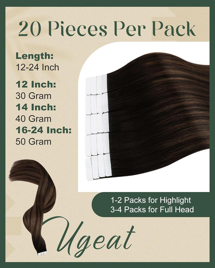 Ugeat 35cm Balayage Tape Extensions Echthaar Haarextension Echthaar Tape Dunkelstes Braun mit Mittel