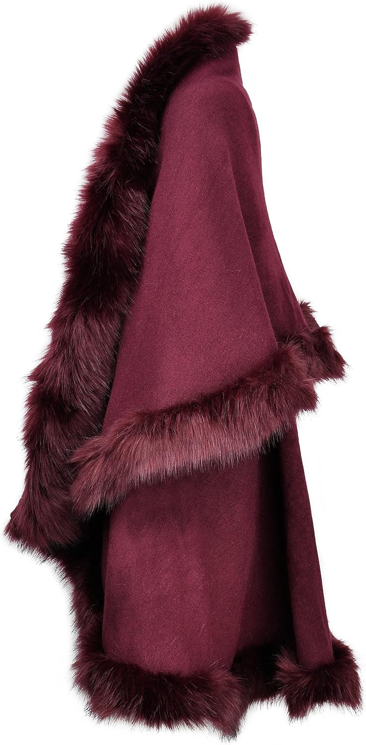 ZLYC Damen Winter Kunstpelz Poncho Strick Schal Stola Warm Cape Cardigan Dunkelrot, Dunkelrot