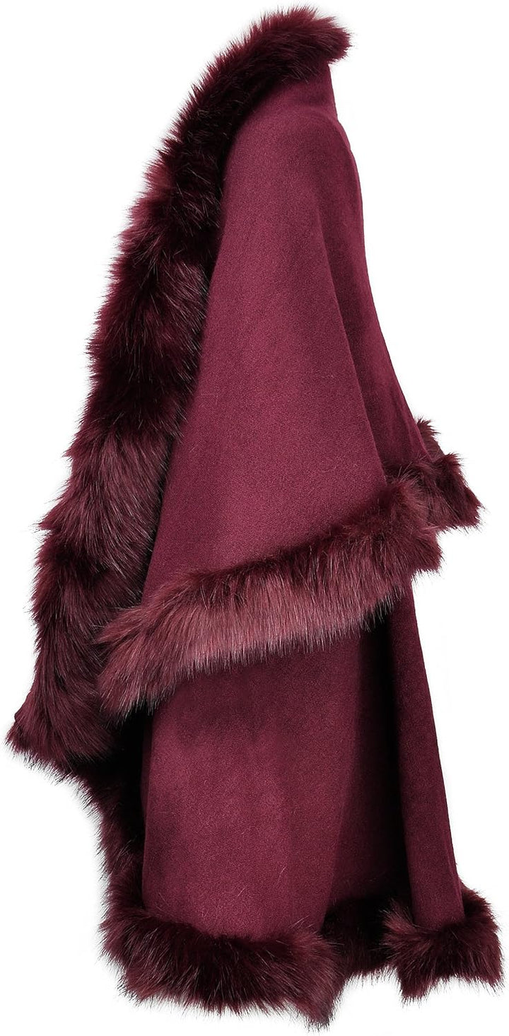 ZLYC Damen Winter Kunstpelz Poncho Strick Schal Stola Warm Cape Cardigan Dunkelrot, Dunkelrot