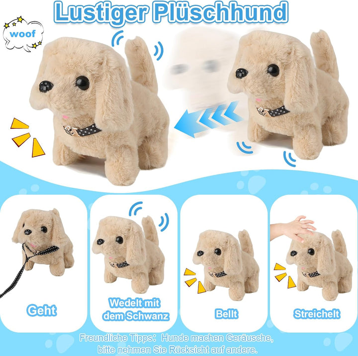 Hund Spielzeug Kinder, 14 PCS Spiel Kuscheltier Hund mit Leine, Interaktives Plüsch Hund der Läuft,