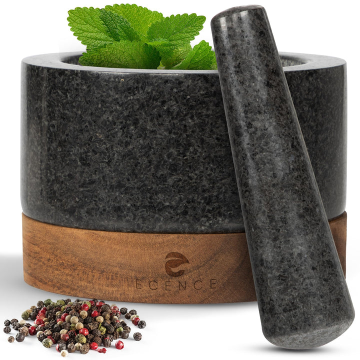 ECENCE Mörser mit Stössel Set aus Granit & Holz Ø15,5cm Küchenmörser Gewürzmörser massiv für perfekt