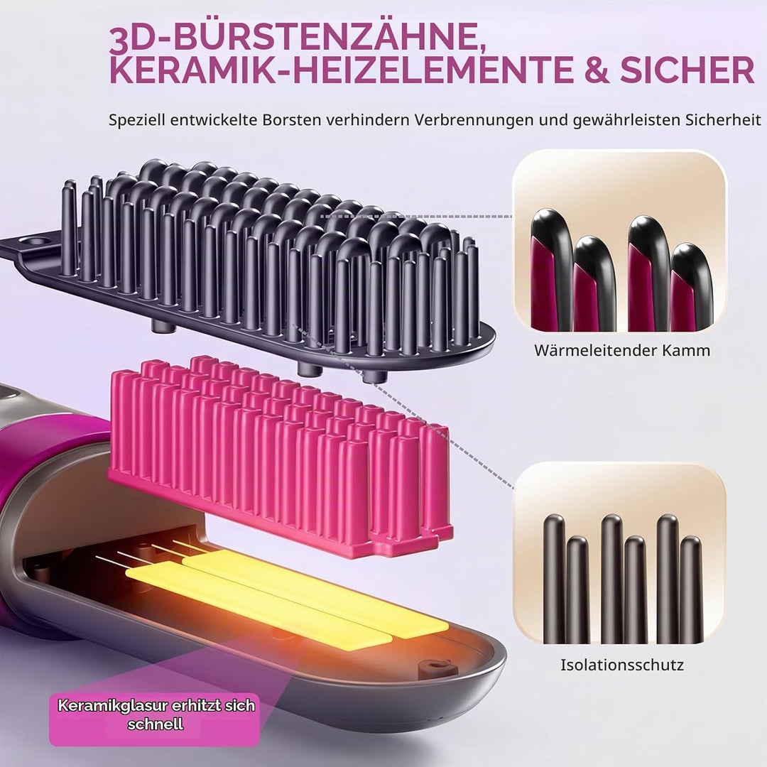 Tragbare Glättungsbürste für Haarstyling, Bwaliffury Kabellose Glättbürste, 4000mAh Wiederaufladbare