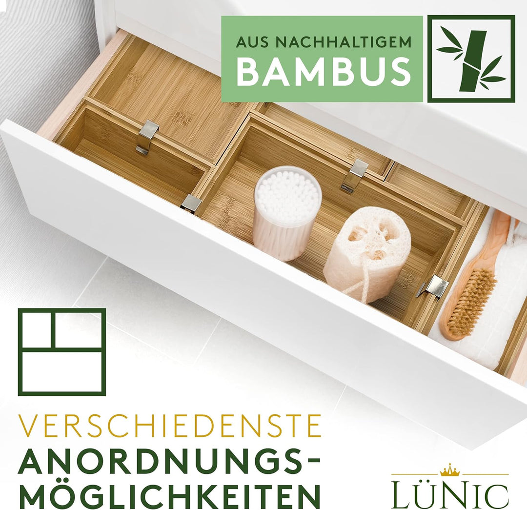 LÜNIC Schubladenbox Bambus - Sortierbox Aufbewahrung Schubladen [6 Teile] - Nachhaltige Bambus Box f
