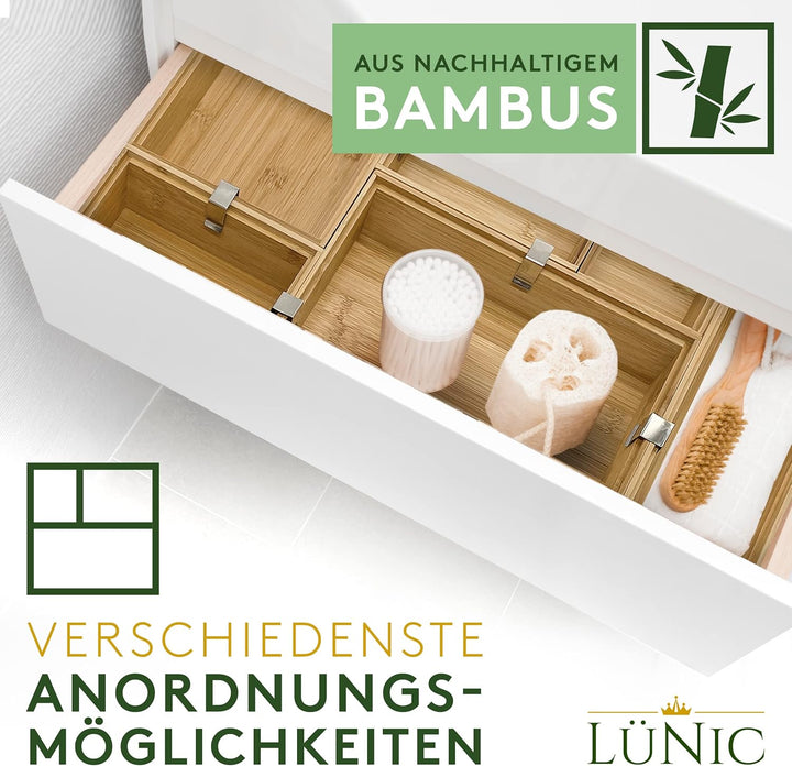LÜNIC Schubladenbox Bambus - Sortierbox Aufbewahrung Schubladen [6 Teile] - Nachhaltige Bambus Box f
