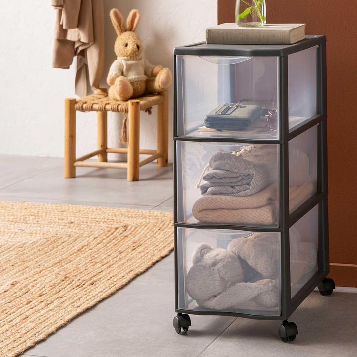 SUNDIS Orgamix, schubladenbox aus Kunststoff mit Rädern, 3 grosse transparente Schubladen im A4-Form