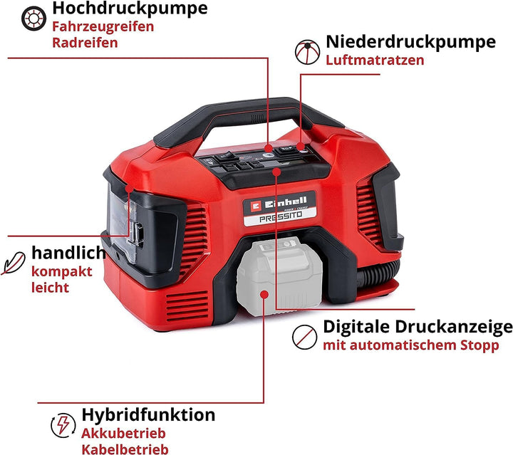 Einhell Akku-Kompressor PRESSITO Power X-Change (Li-Ion, 18/230 V, max. 11 bar, 71 cm Schlauchlänge,