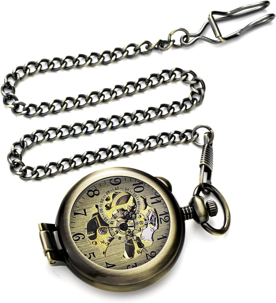 TREEWETO Unisex Taschenuhr mit Kette Analog Handaufzug Stehende Lupe Skelett Bronze