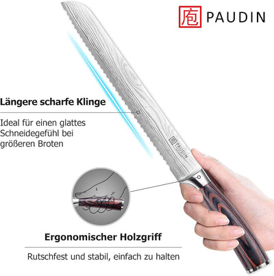 PAUDIN Brotmesser mit Wellenschliff 26 cm aus hochwertigem rostfreiem Edelstahl, extra scharfe Messe