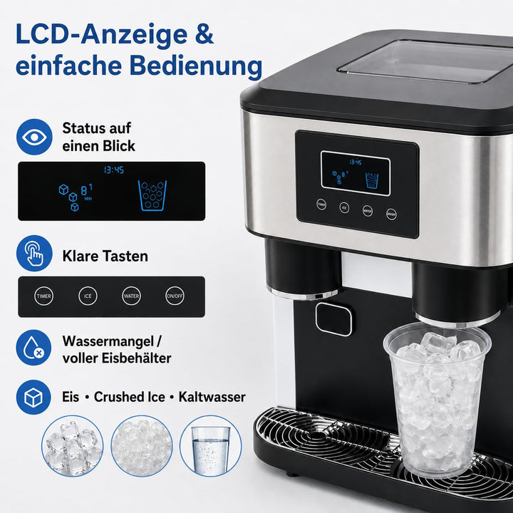 ‌3-in-1 Eismaschine mit Crushed Ice & Kaltwasser, 600g/16 Eiswürfel, 7-9 Min Schnellbereitung, LCD-D