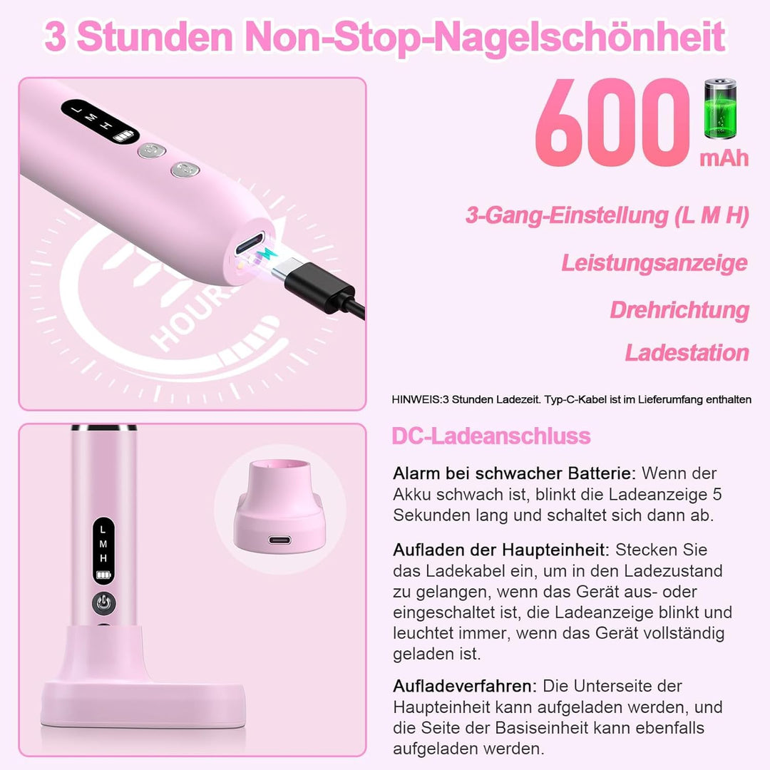 Nagelfräser professionell für Gelnägel Kabellos Akku, Elektrische Nagelfeile Fräser für Gelnägel, Ma