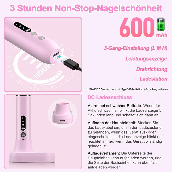 Nagelfräser professionell für Gelnägel Kabellos Akku, Elektrische Nagelfeile Fräser für Gelnägel, Ma