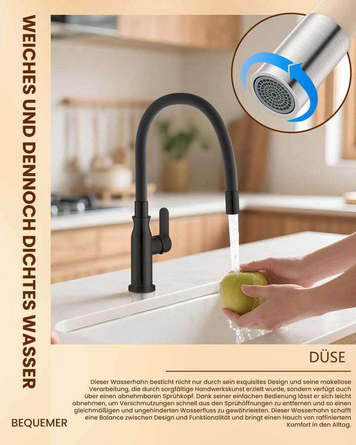 APPASO Flexibler Wasserhahn Küche Schwarz, Spültischarmatur 360° Schwenkbar, Küchenarmatur Schwarz M
