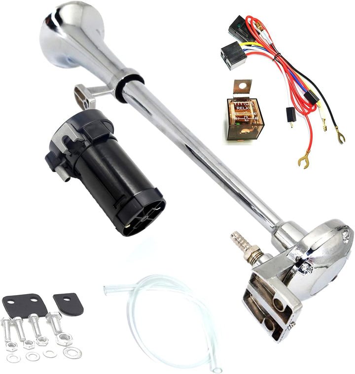 Yiyida Auto-Hupe, 12 V, 150 dB, 45 cm, Chrom, Zink, mit Kompressor, Einzelhorn-Hupe, für alle Fahrze