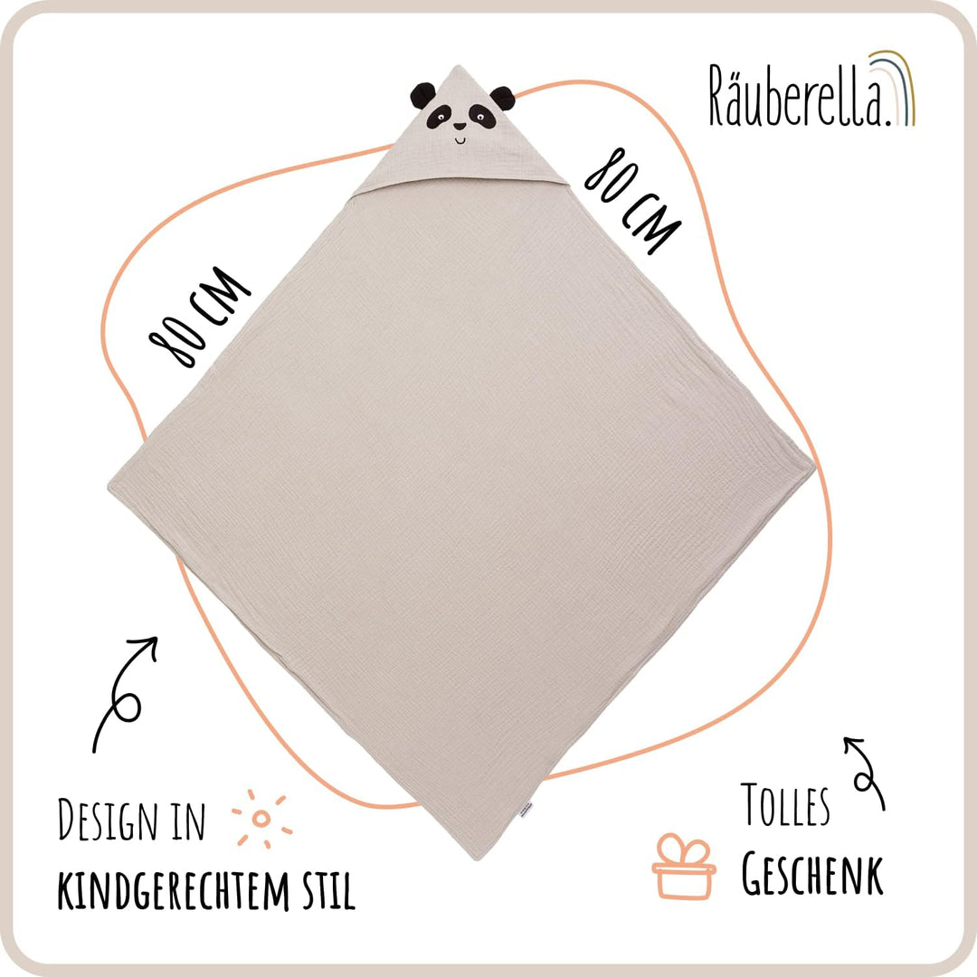 Räuberella® Panda-Kapuzenhandtuch Baby in Beige I 80x80cm I Musselin-Badetuch-Baby aus 100% Bio-Baum