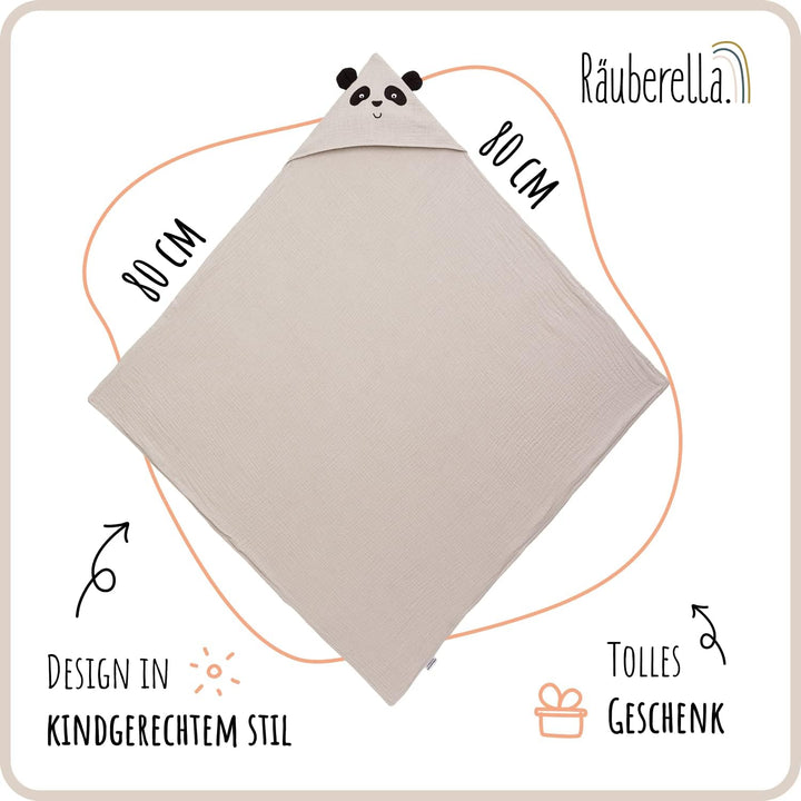 Räuberella® Panda-Kapuzenhandtuch Baby in Beige I 80x80cm I Musselin-Badetuch-Baby aus 100% Bio-Baum