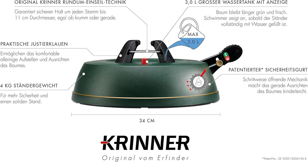 KRINNER Weihnachtsbaum Christbaumständer Comfort S Grün 34cm inkl. Fusspedal- und Einseiltechnik für