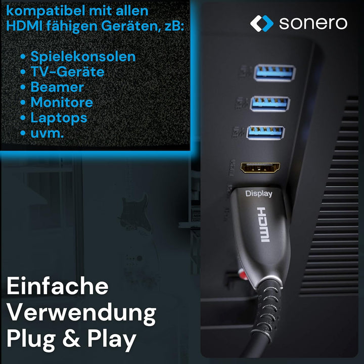 Sonero® 8K-HDMI 2.1 Kabel, Glasfaser-Hybrid-Kabel, Auflösung bis 8K 60 Hz (7680 x 4320) / 4K 120Hz (