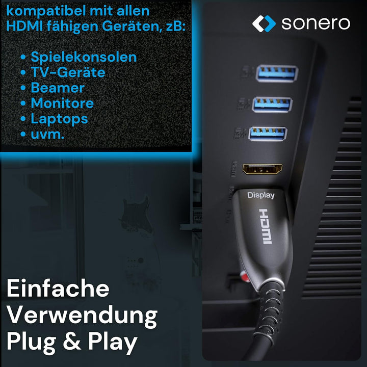sonero HDMI Kabel 2.1 Glasfaser Hybrid Kabel 8K 60Hz, 4K 120Hz, 30m 8K HDMI 30 meters, 8K HDMI 30 me