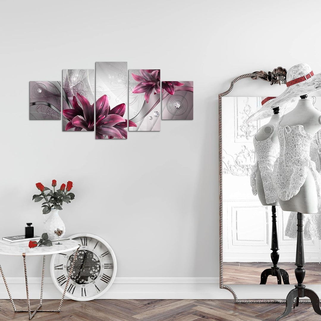 Runa Art Wandbilder Blumen Lilien 5 Teilig Bild auf Vlies Leinwand Deko Wohnzimmer Abstrakt Grau Rot