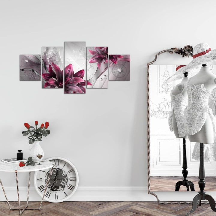 Runa Art Wandbilder Blumen Lilien 5 Teilig Bild auf Vlies Leinwand Deko Wohnzimmer Abstrakt Grau Rot