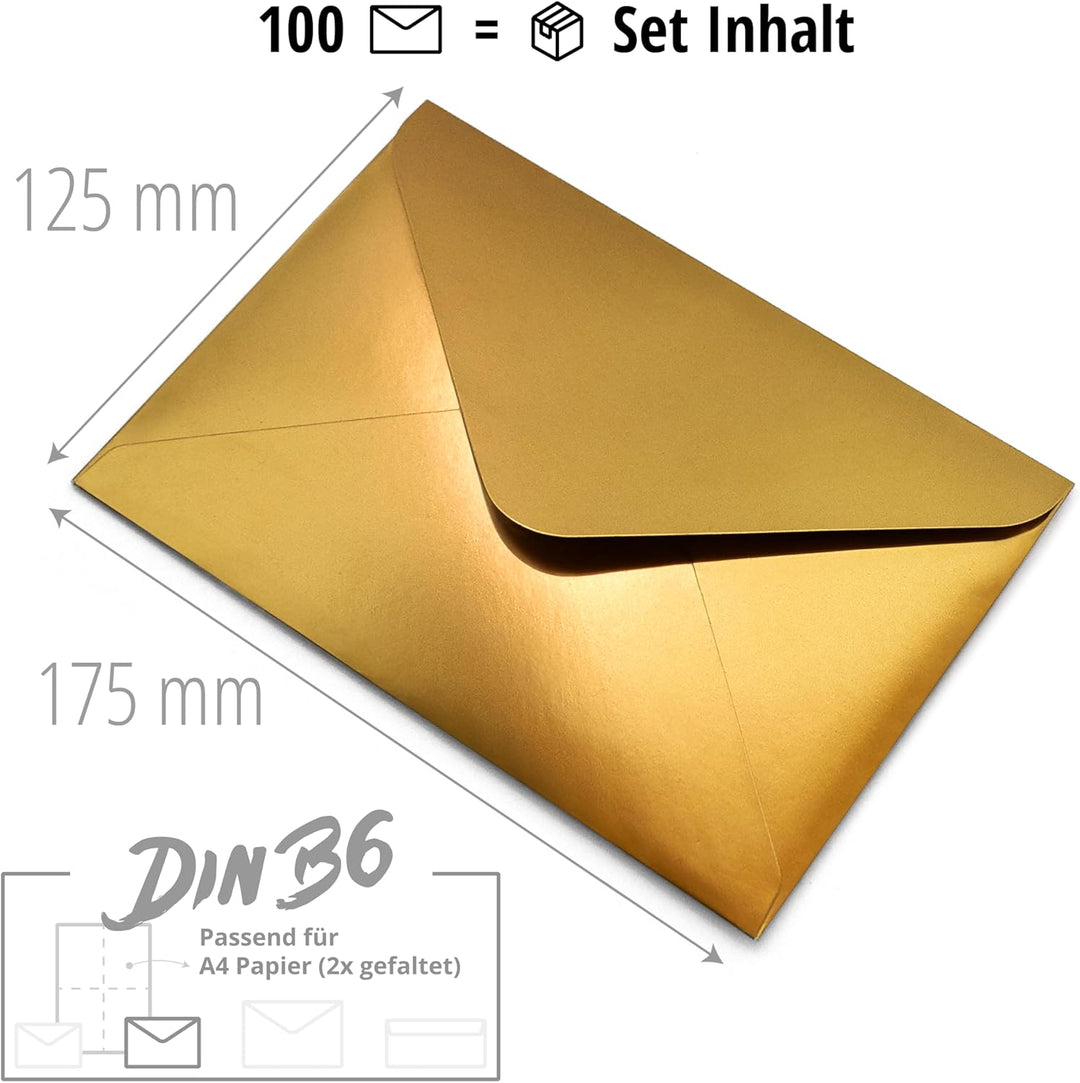 Briefumschläge (100 Stück) aus Papier, Kuvert, Umschlag ohne Fenster - DIN B6-175 x 125 mm - gold Go