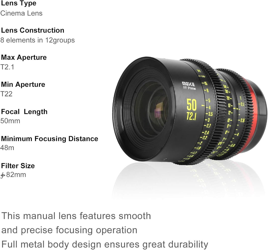 Meike 50 mm T2.1 Vollrahmen manueller Fokus Weitwinkelobjektiv für Canon EF Mount und Cine Camcorder