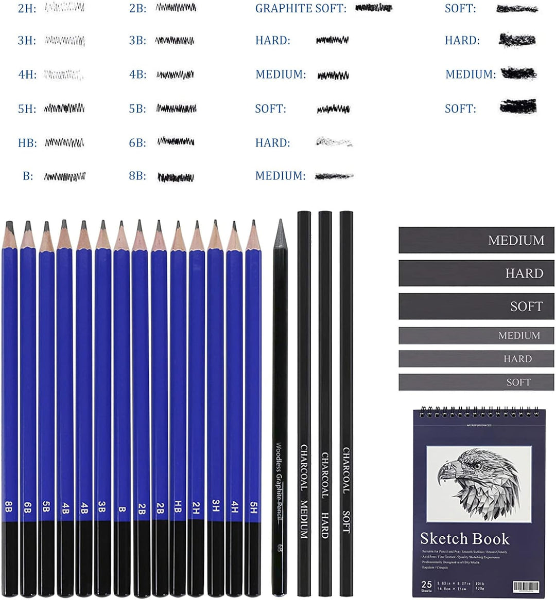 Skizzen Zeichen Bleistift Set 35 Stück Professionelles Zeichenzubehör mit Reissverschluss Tragetasch
