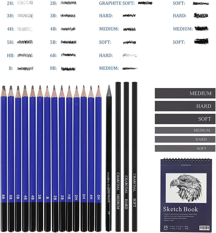 Skizzen Zeichen Bleistift Set 35 Stück Professionelles Zeichenzubehör mit Reissverschluss Tragetasch