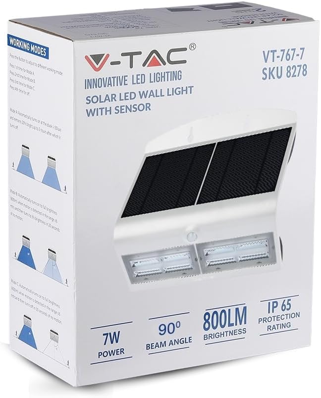 V-TAC Solar-Wandlampe VT-767-7-W 8278 LED 7.00W Tageslichtweiss Weiss, Schwarz