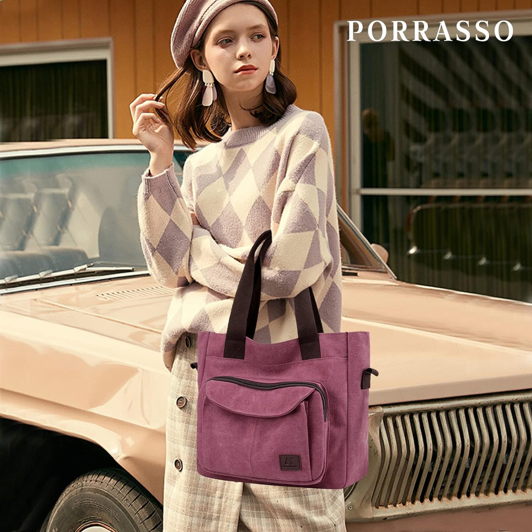 PORRASSO Damen Umhängetasche Canvas Schultertasche Handtasche Hobotasche Tote Mädchen Crossbody Bag