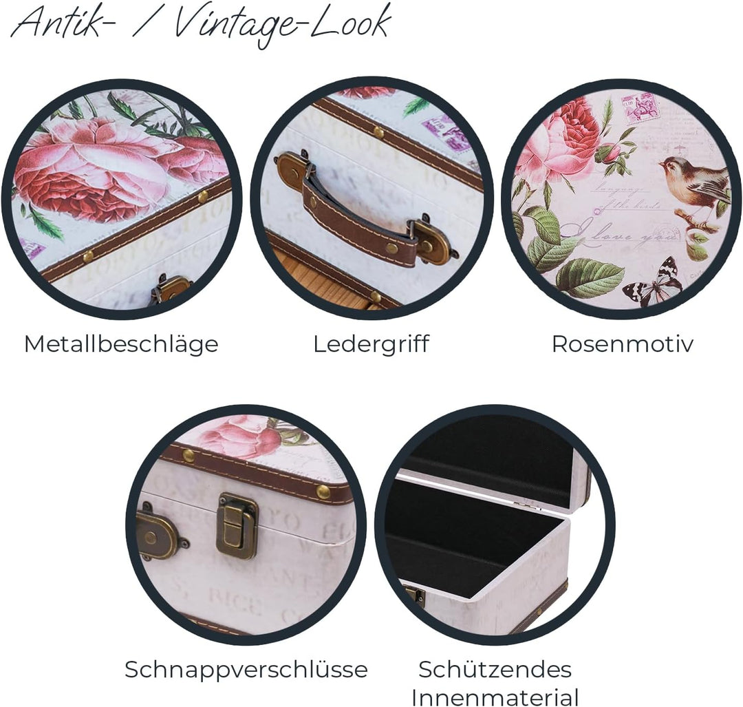 HMF Vintage Deko Koffer aus Holz, Aufbewahrungsbox mit Deckel und Ledergriff, stilvolle Aufbewahrung