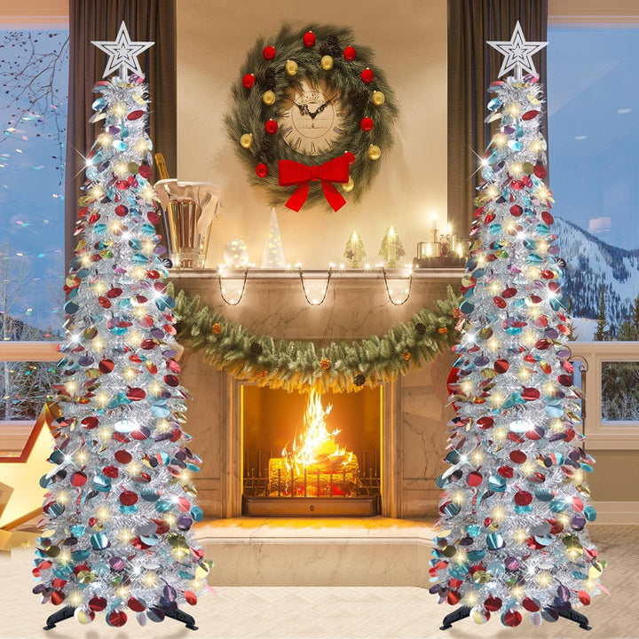 HMASYO 150 cm Pop-Up Lametta Weihnachtsbaum mit 50 Timer-Lichtern, Buntes Silber Zusammenklappbarer