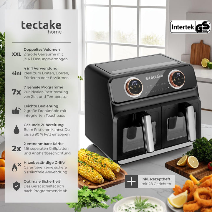 tectake® Heissluftfritteuse 2 Kammern, XXL Doppelkammer Airfryer mit 7 Programmen, 8L Dual Fritteuse
