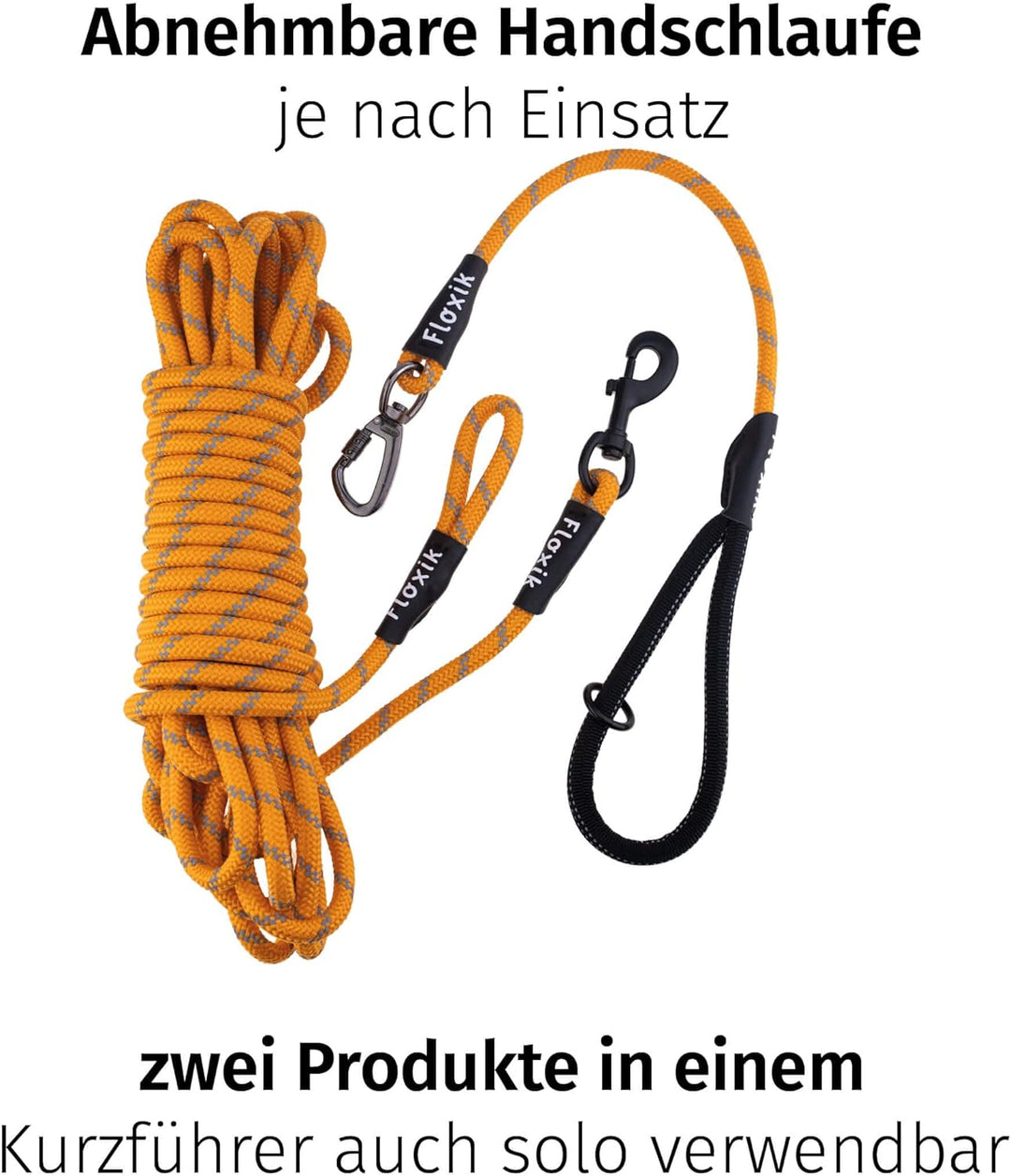 Floxik Schleppleine für Hunde | 5m, 10m, 15m, 20m orange | reflektierende Tauleine mit Abnehmbarer H