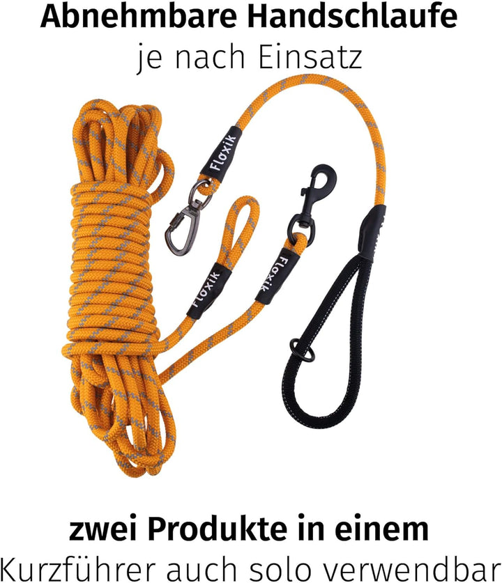 Floxik Schleppleine für Hunde | 5m, 10m, 15m, 20m orange | reflektierende Tauleine mit Abnehmbarer H