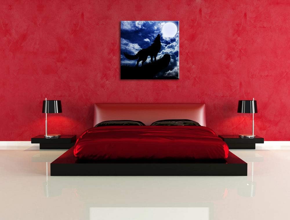 Wolf im Mondschein, Format: 70x70 auf Leinwand, XXL riesige Bilder fertig gerahmt mit Keilrahmen, Ku