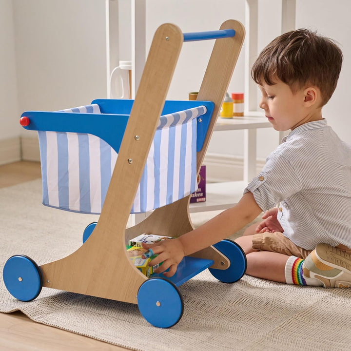 Teamson Kids Holz Einkaufswagen Spielzeug für Kinder mit Zubehör in Blau, Rollenspiel-Laden aus Holz