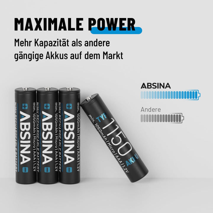 ABSINA AAA Akku 1150 NiMH 32er Pack - Akku AAA Micro mit 1,2V &amp; min. 1050 mAh - AAA Akkus wiederaufl