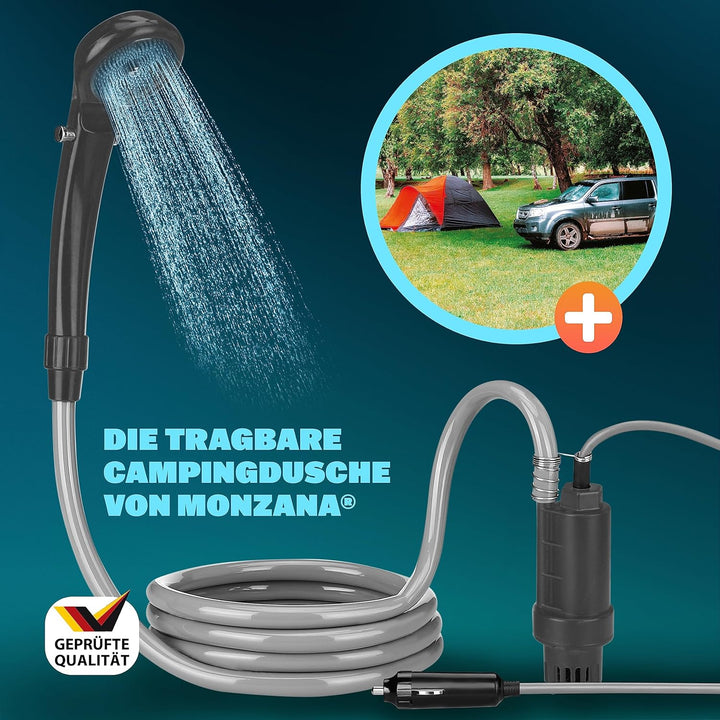 Monzana® Campingdusche tragbar mit Pumpe 12V KFZ-Adapter Aufbewahrungstasche 2m Schlauch 5m Stromkab