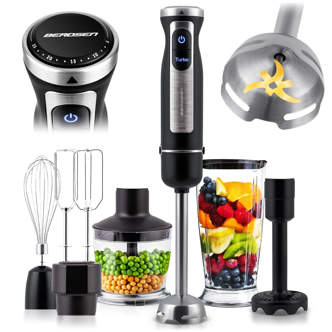 Berdsen Stabmixer Handmixer Pürierstab 1500W Multifunktional Mit Zubehör Turbo Funktion 800 ml Stahl
