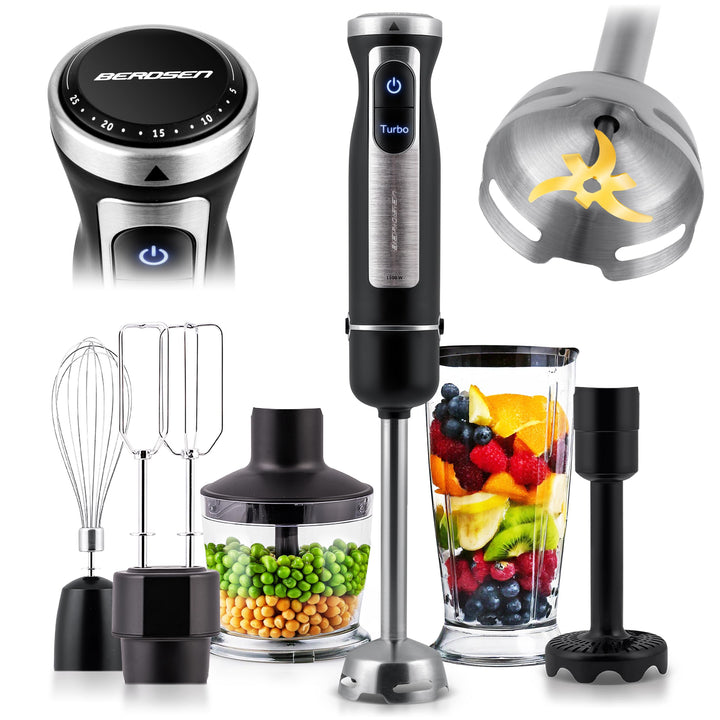 Berdsen Stabmixer Handmixer Pürierstab 1500W Multifunktional Mit Zubehör Turbo Funktion 800 ml Stahl