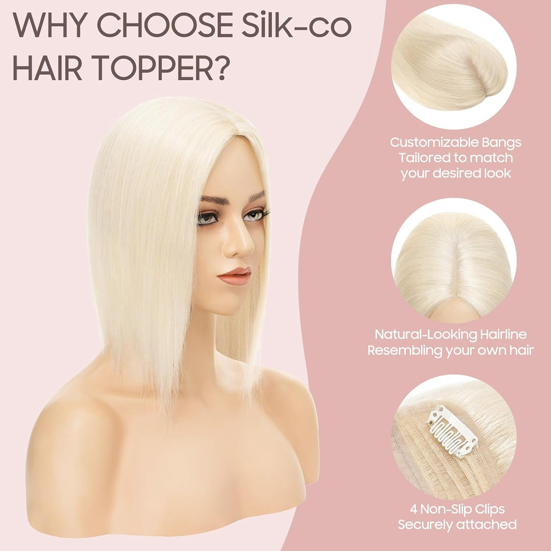 Silk-co Hair Topper Echthaar, 10x12cm Basis Toupet Damen, Haartopper Echthaar mit Remy Seide Basis,