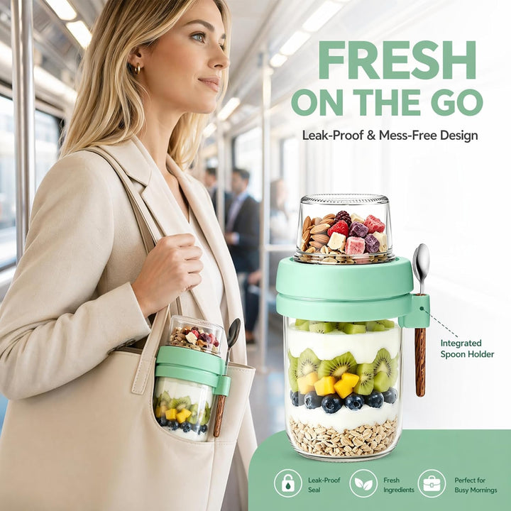 Müslibecher to Go mit Löffel,Joghurtbecher mit Toppingbehälter 480ml + 120ml,Overnight Oats Glas, Au