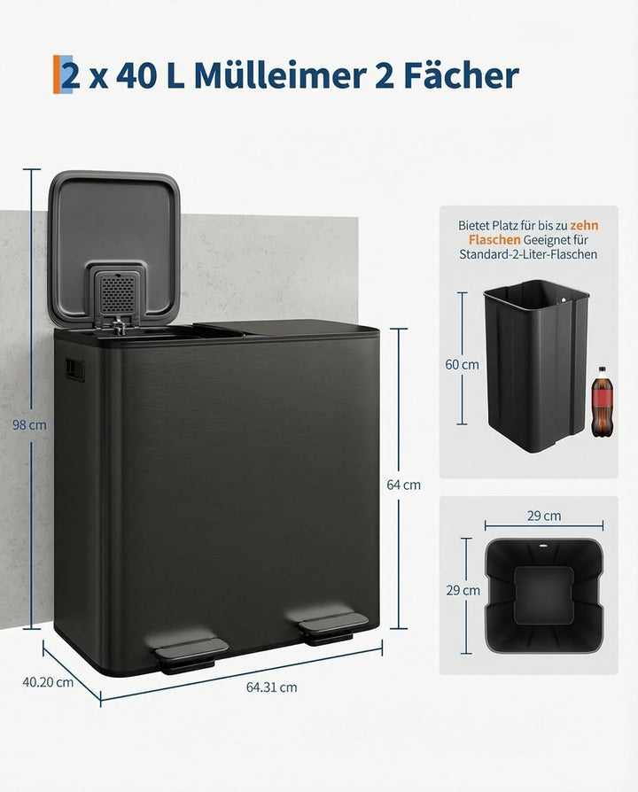 GarveeHome Mülleimer Küche, 2 x 40 L, Mülltrennsystem 2 Fächer, Metall-Tretmülleimer mit Seitlichem