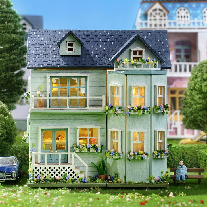 CUTEROOM Miniatur Haus, DIY Puppenhaus Set aus Holz, Mini Hausbau-Set mit Möbeln und LED Licht, Gebu