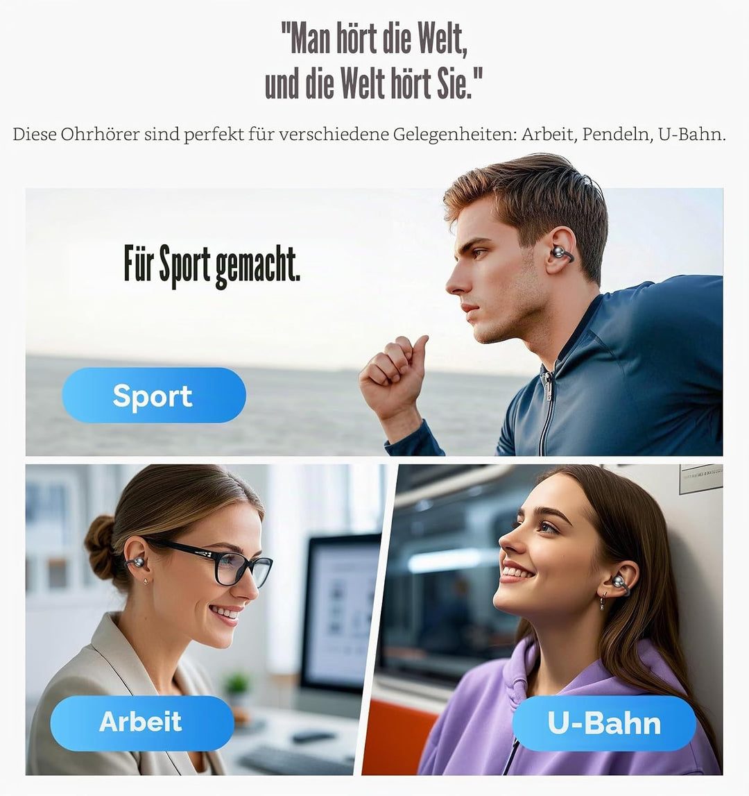 King Lucky Open-Ear-Kopfhörer Kabellos Bluetooth 6.0–Clip-On-Ohrhörer mit Mikrofon,50h Spielzeit,ENC
