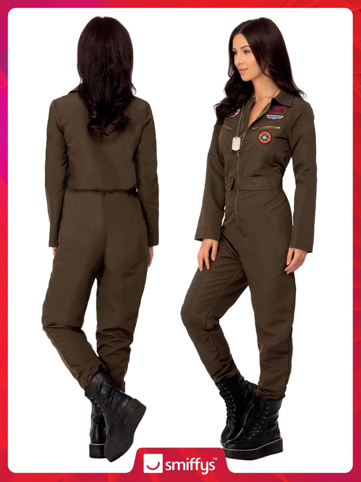 Smiffys Top Gun Damen Kostüm Khaki mit Overall Offiziell lizenzierte Top Gun Verkleidung Erwachsene