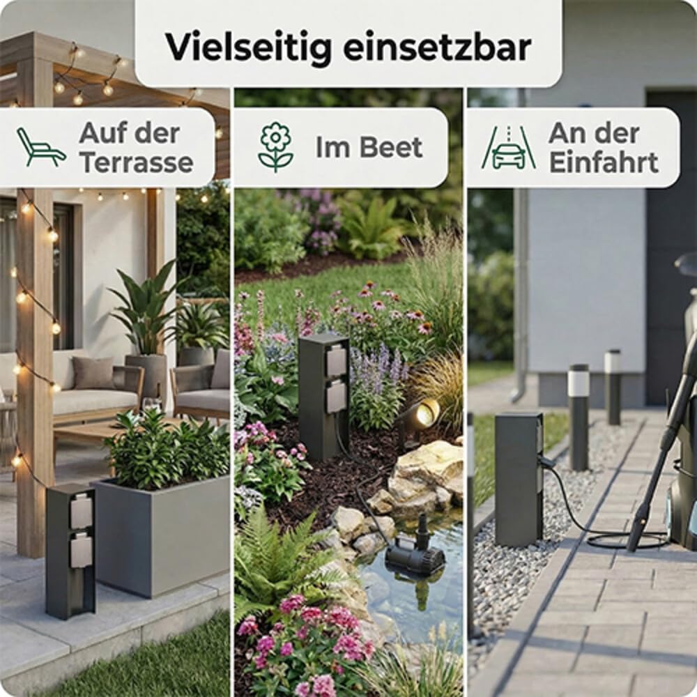 LED Universum Gartensteckdose aus Edelstahl, IP44 für aussen, 23cm (Anthrazit 2-fach), Anthrazit 2-f